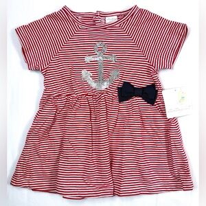 NWT STARTING OUT Baby‎ Girls' Nautical Red Striped Anchor Bow Applique Dress 18M